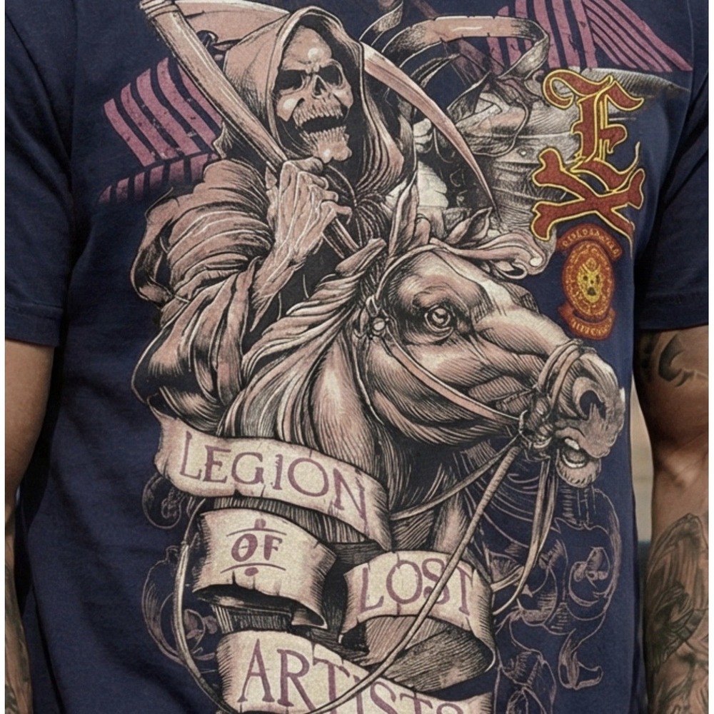 Y2K Grunge 2000s Ecko Unltd Affliction Style Tee Shirt Blue Men's Size XL